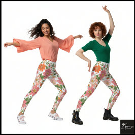 Leggings Fondo floral retro de margaritas con pastel coral