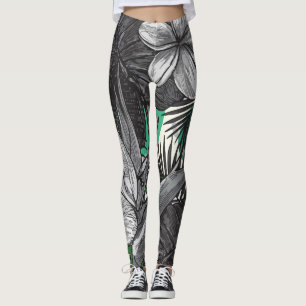 Leggings Fondo Floral Tropical Hawaiano Verde Y Blanco