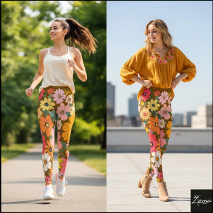 Leggings Fondo marrón floral retro de los 70 con margaritas