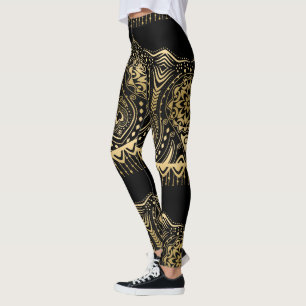 Leggings Fondo negro de diseño de encaje dorado