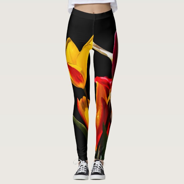 Leggings Fondo negro de las flores de tulipán (Anverso)
