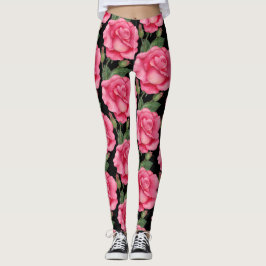 Leggings Fondo negro de patrón floral de rosas rosadas