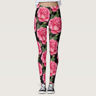 Leggings Fondo negro de patrón floral de rosas rosadas