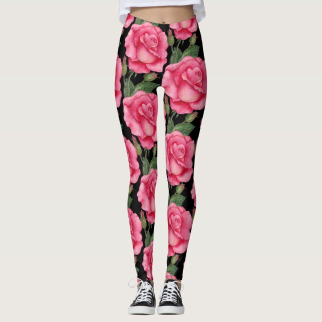 Leggings Fondo negro de patrón floral de rosas rosadas (Anverso)