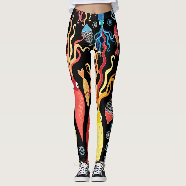 Leggings Fondo negro de peces de calamar multicolor (Anverso)