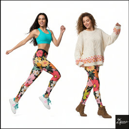 Leggings Fondo negro floral retro de los 70 con margarita g
