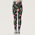 Leggings Fondo negro tropical Flamingo rosa<br><div class="desc">Salga con estilo con estas divertidas leggings con un patrón de flamingo rosado resaltado por botánicos tropicales y un fondo negro.  Perfecto para hacer ejercicio,  noche en la ciudad y ropa de uso diario.</div>