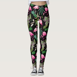 Leggings Fondo negro tropical Flamingo rosa
