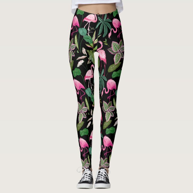Leggings Fondo negro tropical Flamingo rosa (Anverso)