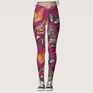 Leggings Fondo púrpura del Ilustracion de mariposa vintage