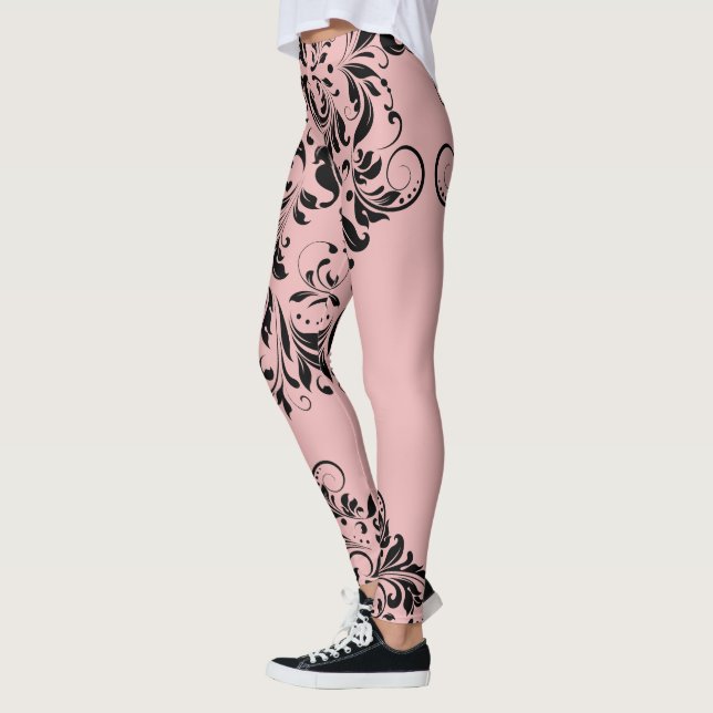 Leggings Fondo rosa del encaje floral negro (Izquierda)