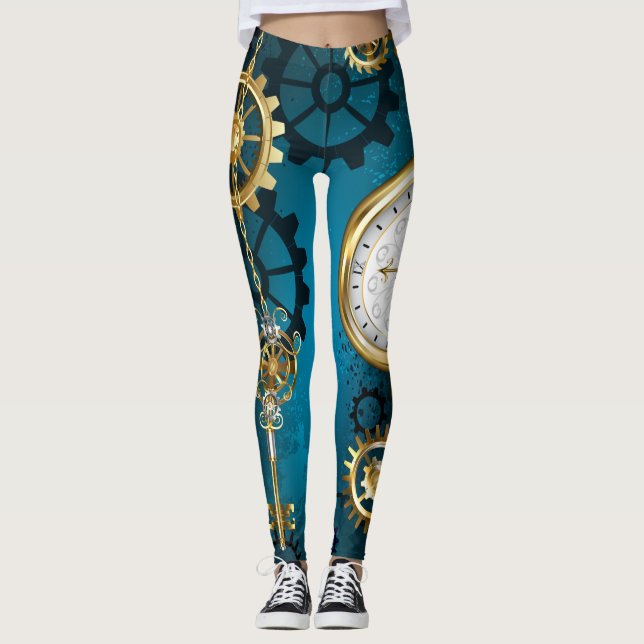 Leggings Fondo turquesa de vapor con engranajes (Anverso)