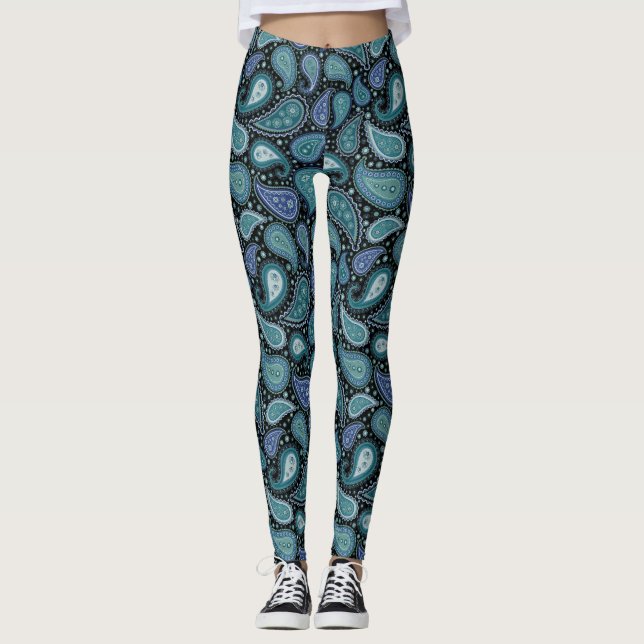 Leggings Forma abstracta de patrón Paisley Azul Marina (Anverso)