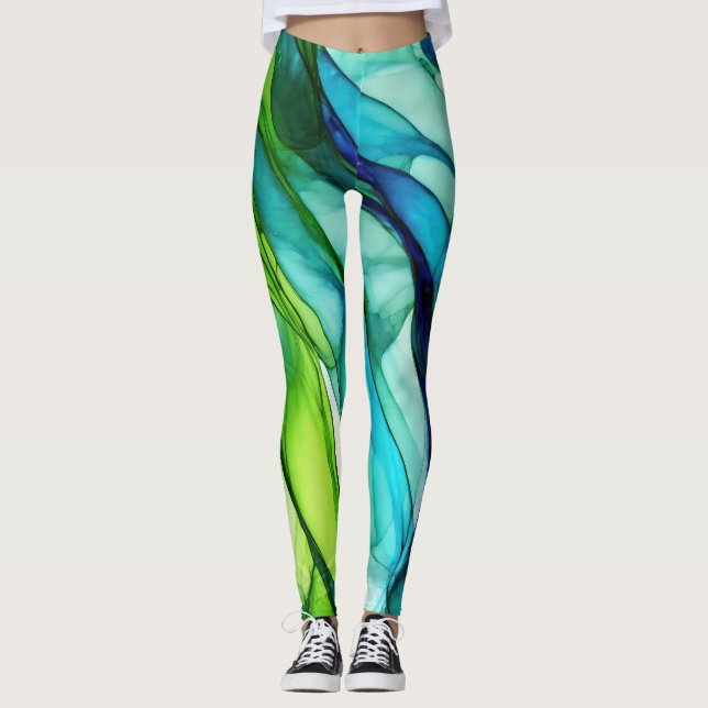 Leggings Formas que fluyen en verde y azul (Anverso)