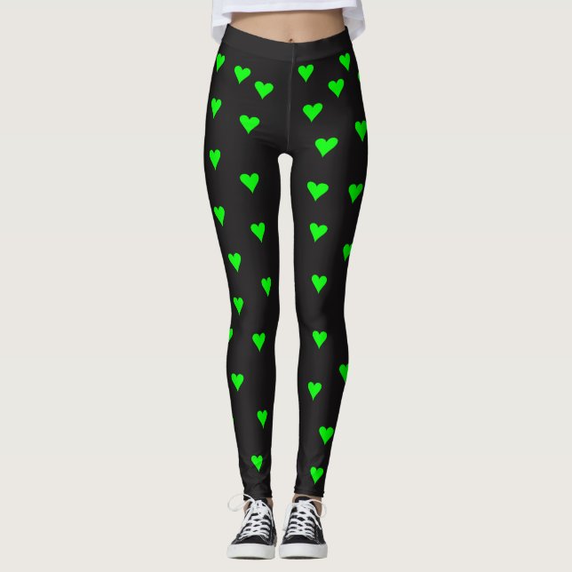 Leggings Formas verdes claras del corazón en fondo negro (Anverso)