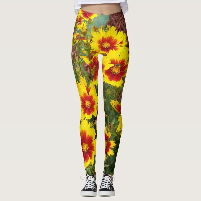 Leggings Foto de Flores de Coreopsis rojas y amarillas en (Anverso)