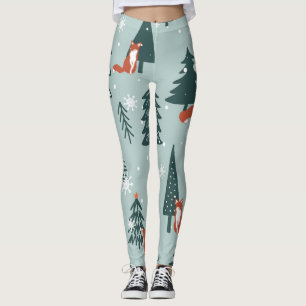 Leggings Foxes, abetos, invierno, patrón colorido