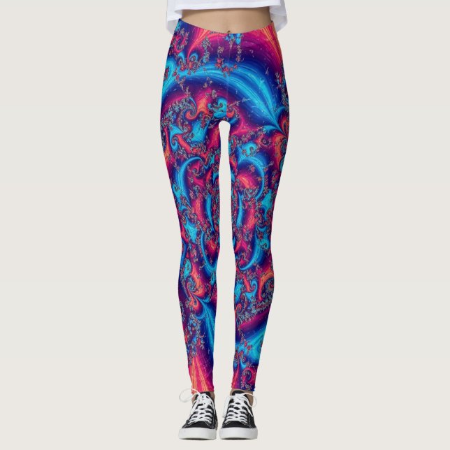 Leggings Fractal celeste, rosa, púrpura y azul (Anverso)