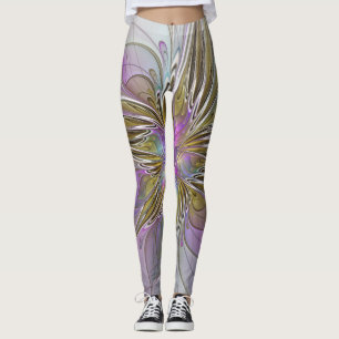 Leggings Fractal floral colorido con rosado y oro