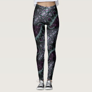 Leggings Fractal floral espiral verde púrpura oscuro de