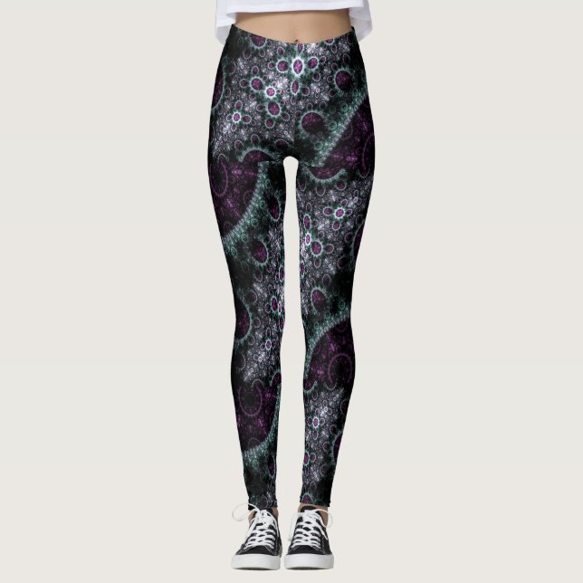 Leggings Fractal floral espiral verde púrpura oscuro de (Anverso)