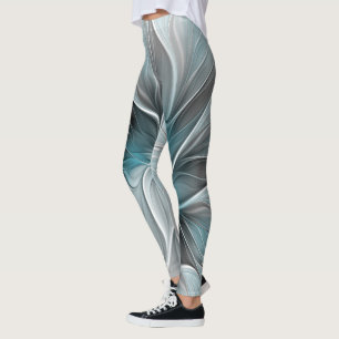 Leggings Fractal floral moderno abstracto flor azul gris