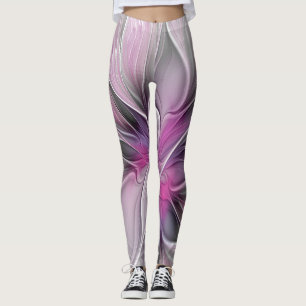 Leggings Fractal Floral Moderno Abstracto Flor Rosa Gris