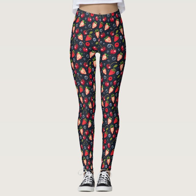 Leggings Fresas y cerezas en un fondo oscuro (Anverso)