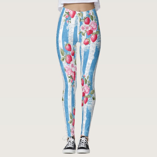 Leggings Fresas y flores antiguas en franjas azules (Anverso)