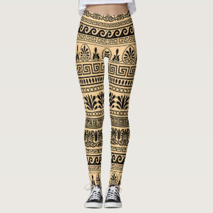 Leggings Fret griego, patrón mediterráneo, marrón