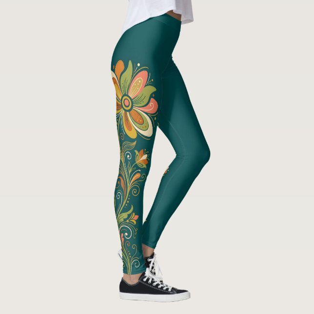 Leggings Fronteras de zarcillos de poder floral retro 1 (Derecha)