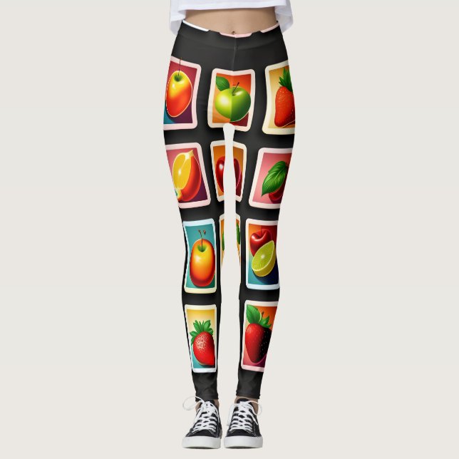 Leggings Frutas en caja cuadrada Patrón verde rojo (Anverso)