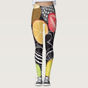 Leggings Frutas tropicales coloridas, fondo negro.