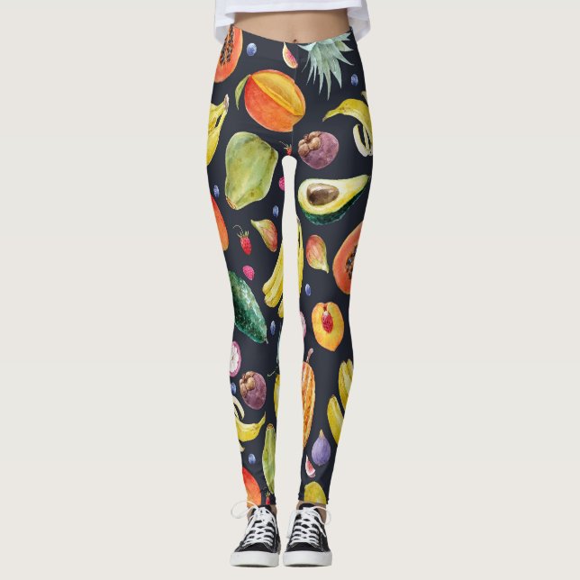 Leggings Frutos Tropicales: Patrón multifruta acuarela. (Anverso)