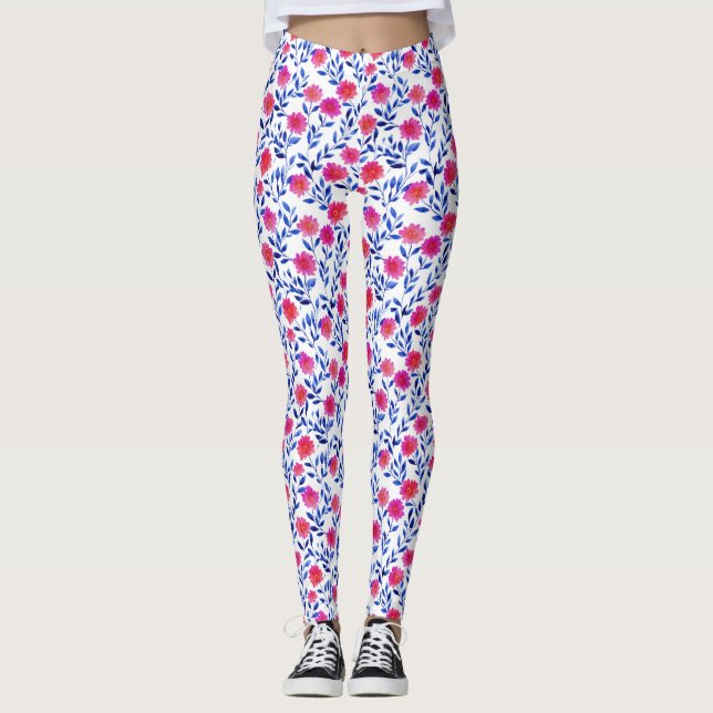 Leggings Fuchsia Pink Flowers Watercolor Floral Stylish (Anverso)