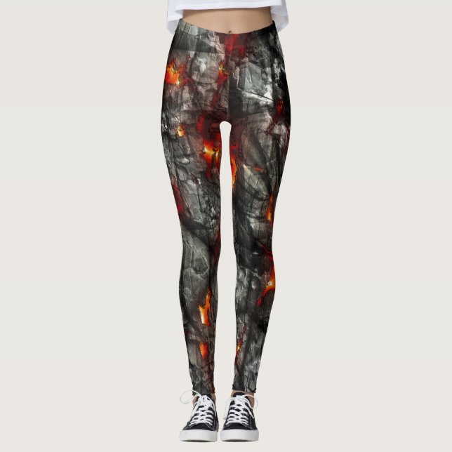 Leggings Fuego rojo, piedra negra fantástica textura abstra (Anverso)