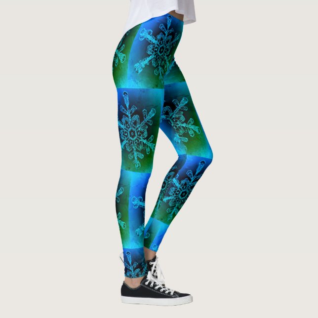Leggings Fun Blue Green Tie Dye Snowflake Patrón de piernas (Derecha)