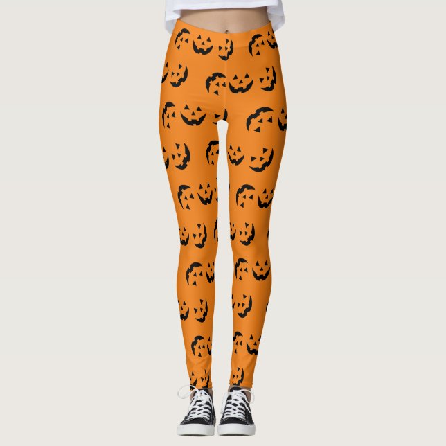 Leggings Fun naranja negro jack o linterna patrón Halloween (Anverso)
