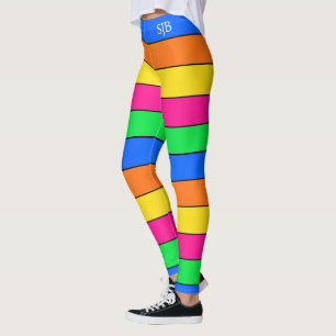 LEGGINGS FUN NEON COLOR FLUORESCENT STRIPE PATRÓN MONOGRAM