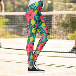 Leggings Fun Pickleball Tropical Hibiscus Flower Sports