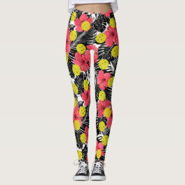Leggings Fun Pickleball Tropical Rojo Hibiscus Flower Sport