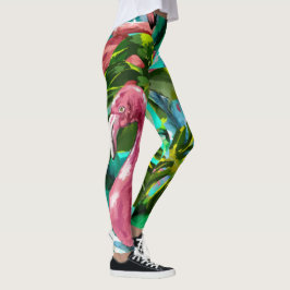 Leggings Fun Tropical Green Palm Pink Flamingos Vacaciones