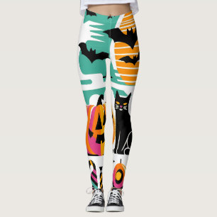 Leggings Funky Retro Wave Halloween Pumpkin Black Cat Ghost