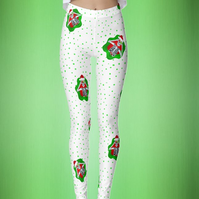 Leggings Funny Skeleton Santa Hat Red Green Dots on White (Funny Skeleton Santa Hat ornaments on white with green polka dots Christmas womans leggins.)