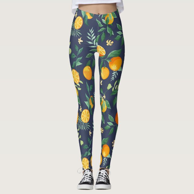 Leggings Fusión cítrica: Naranjas con flores tropicales (Anverso)