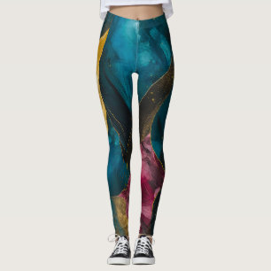 Leggings Fusión de mármol turquesa y dorado de medianoche