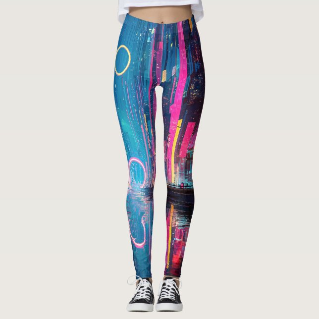 Leggings Futuristic Vibrant Neon Night Cityscape (Anverso)