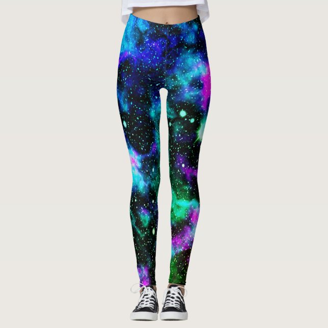 Leggings Galaxia azul y verde Leyendas de yoga neón (Anverso)