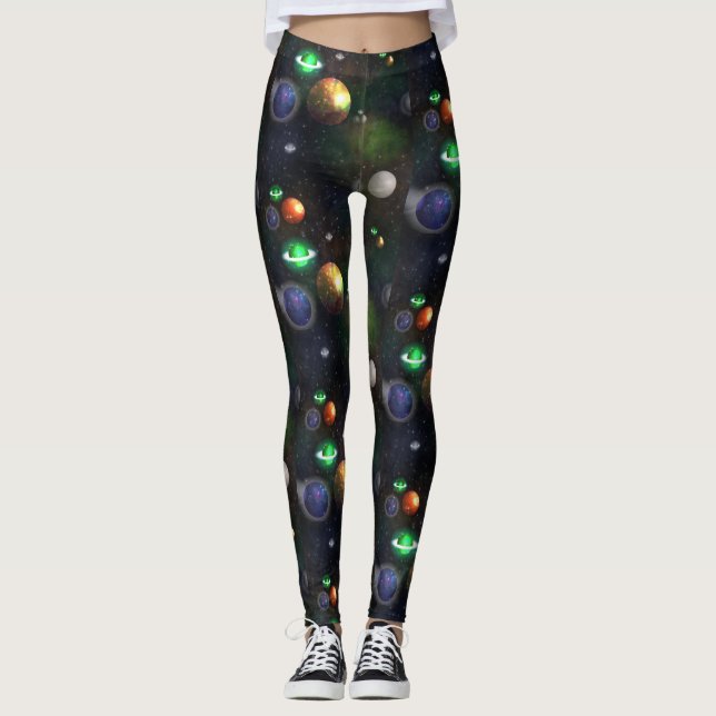 Leggings Galaxia y planetas en fondo negro (Anverso)
