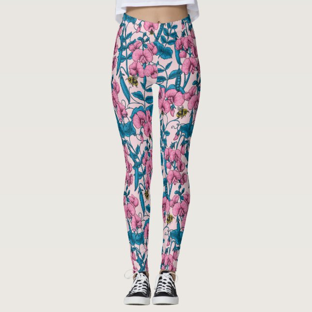 Leggings Garzas y abejorros dulces, rosa y azul (Anverso)